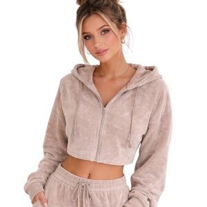 Fashion Nova Cropped Hoodie Womens Large Taupe White Zip Front Streetwear